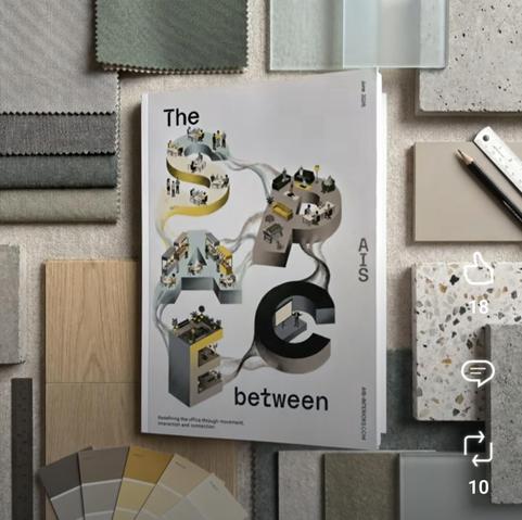 A photo of the research report 'The Space Between' with the word SPACE spelled as bold 3D letters filled with people and office furniture. The letters have multiple flowing lines that connect them. Around the report, several design objects are placed, marital samples, a pencil and ruler etc. Colours are all in muted yellow, grey and black.