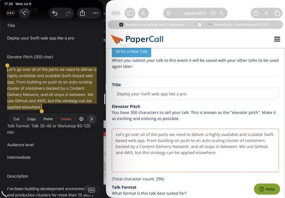 Screenshot: side-by-side windows of writing on the left and pasting into a web app on the right.