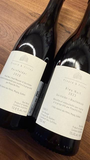 Two bottles of wine from Pinard et Filles. 2020 Pornfelder on the left, 2023 Bleu Nuit on the right.