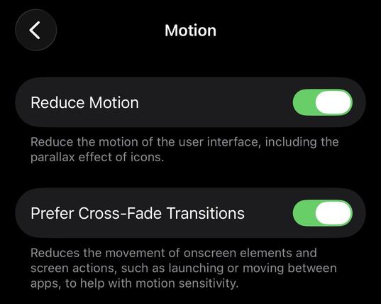 Screenshot in Accessibility / Motion: turn on Reduce Motion and Prefer Cross-Fade Transitions.