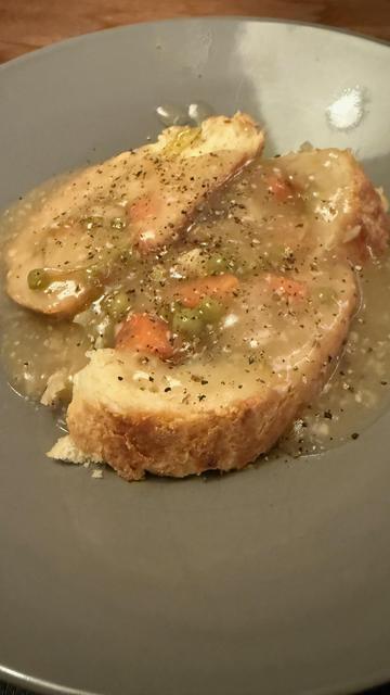 Served, with a “sauce” of extra-thickened leftover gravy.