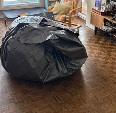 The tree, bundled up in the tarp, needles fully confined to the living room.