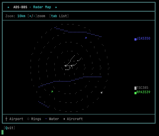 The map view, which uses Unicode Braille characters. One plane is departing, another is arriving, and a third is not currently heuristically engaged with the airport but it’s nearby.