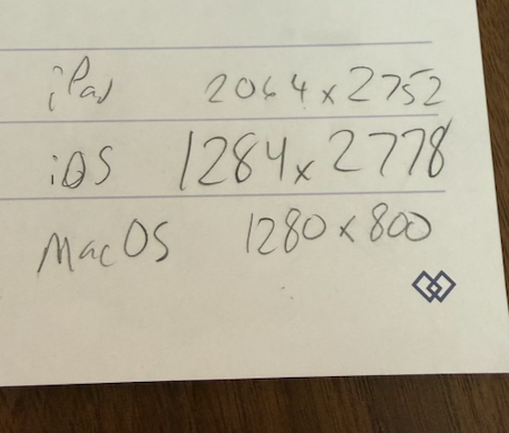 A notepad with scribbled screen resolutions:
iPad 2064x2752
iOS 1284x2778
macOS 1280x800