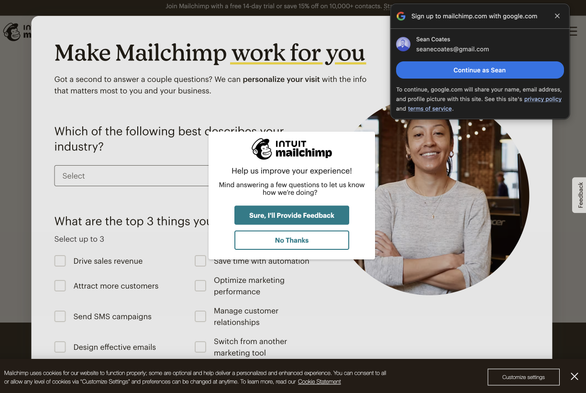 Screenshot of mailchimp.com with trash layers for: Google login, “give us feedback”, a survey, and a cookie banner.