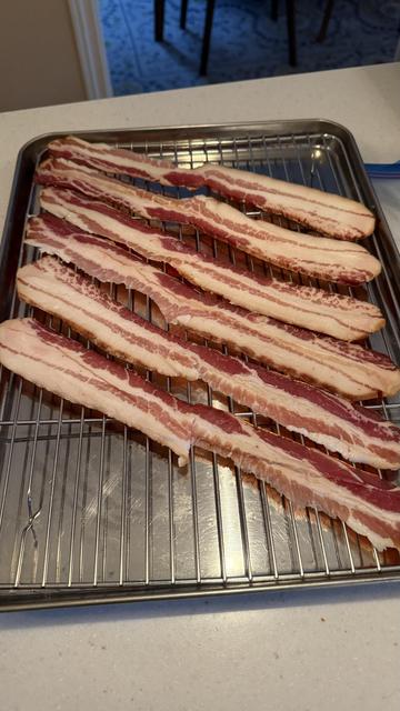 Not yet cooked strips of my bacon, on a sheet pan and rack.