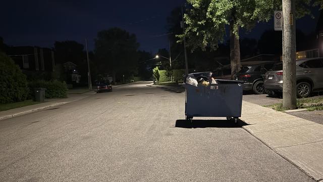 My empty street with an overflowing dumpster, on wheels, spotlighted by a street lamp.