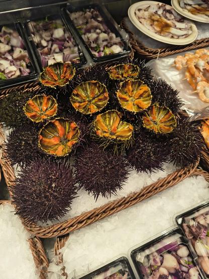 Halved sea urchins showcasing their plump, dark orange insides.