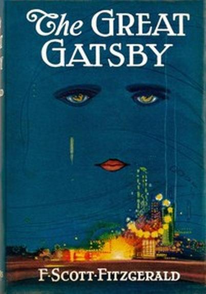 This original 1925 cover of “The Great Gatsby” by F. Scott Fitzgerald shows the title at the top and the author’s name at the bottom. The cover is mostly dark blue, suggesting the night sky. In the center, there are two sad, feminine eyes, with bright red lips below them. Just above the author’s name, an abstract cityscape appears in bright yellows, oranges, and reds.