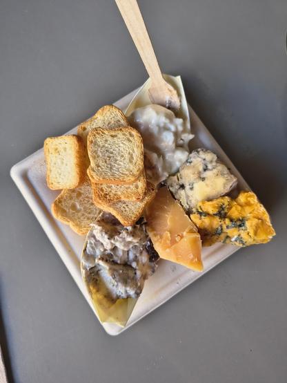 A square plate piled with different cheeses. 
Clockwise from the top: A gooey gorgonzola with cognac, Stilton with port, A Blue Shropshire, aged orange Gouda, truffled gorgonzola and a pile of toast-shaped croutons.