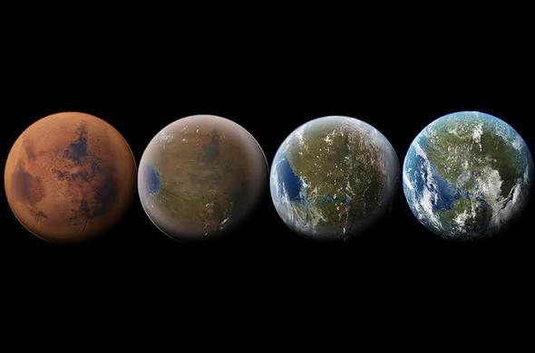 Image d'artiste montrant 4 étapes de la terraformation de Mars et ses effets visuels sur la surface de la planète rouge
