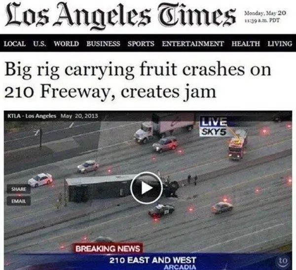 (news headline) Big rig carrying fruit crashes on 210 Freeway, creates jam