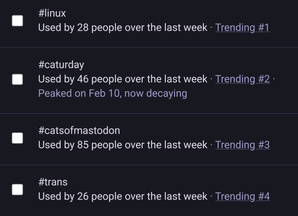 top4 trending:
#linux
#caturday
#catsofmastodon
#trans