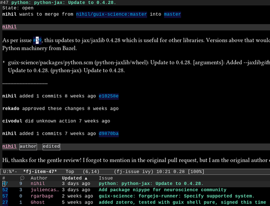 Screenshot showing Codeberg issues rendered in Emacs.