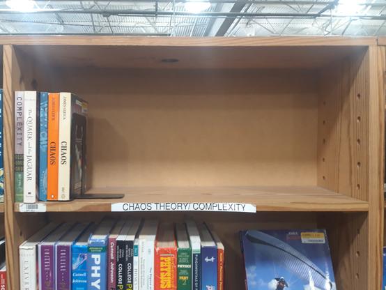An almost empty bookshelf in a used bookstore, labeled "chaos theory/complexity"