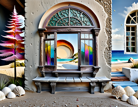 Whimsical surreal seaside scene, viewed through a decorative stained glass window in a standalone cement wall, with a floating window to the right opening to a different reality, sculptural shells, and a pink tree on the sand to the left.