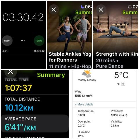 Grid of iOS screenshots:
1) Timer app showing 03:30.42.

2) Apple Fitness Stable Ankles Yoga for Runners, 11 mins.

3) Apple Fitness Strength with Kim, 20 mins.

4) Apple Fitness Running Details:
Total Time: 1:07:37.
Total Distance: 10.12 KM.
Average Pace: 6’41”/KM.

5) Environment Canada site showing 5°C, 72% humidity, and 13 km/hr wind.
