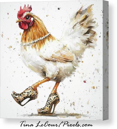 This is a whimsical watercolor style of a brown and white hen dressed in animal wedgie shoes and a white pearl necklace.