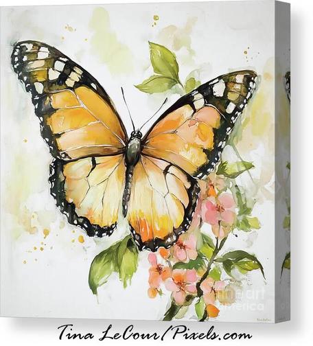 This is a canvas of a pretty orange monarch butterfly perched on some tiny pink blossom flowers against a soft white textured background.