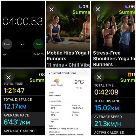 Grid of iOS screenshots:
1) Timer app showing 04:00.53.

2) Apple Fitness Mobile Hips Yoga for runners, 11 mins.

3) Apple Fitness Stress-free shoulders yoga for runners, 11 mins.

4) Apple Fitness Running Details:
Total Time: 1:21:47.
Total Distance: 12.17 KM.
Average Pace: 6’43”/KM.

5) Environment Canada site showing 9°C, 72% humidity, and 15 km/hr wind.

6) Apple Fitness Cycling Details:
Total Time: 0:42:09.
Total Distance: 15.02 KM.
Average Speed: 21.3 KM/H.