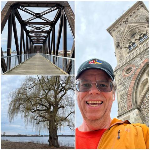 Grid of photos:
1) Chief William Commanda Bridge looking south under a grey sky.

2) Tall willow tree on the shore of the Ottawa River under a great sky.

3) Selfie of a white man wearing a orange tshirt, yellow-orange coat, a black ball cap with a Canadian and Ukrainian flag on it, with the East Block of Parliament Hill.