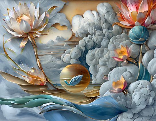Surreal, ethereal, luminous flowers with golden and pastel accents, emerging from swirling grey storm clouds and turbulent waves.