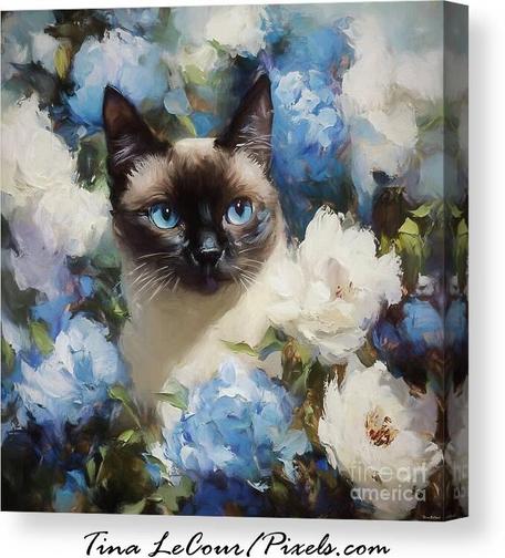 This is a canvas of a pretty siamese cat named whiskers posing in some peony flowers.