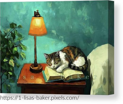 An art print of a calico cat peacefully sleeping on an open book on a wooden side table, illuminated by a warm glowing lamp. The serene setting is completed with green leaves from a potted plant on the left. Whimsical cat art by Lisa S Baker.