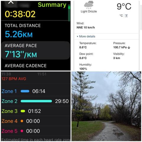Grid of iOS screenshots and a photo:
1) Apple Fitness Running Details
Total Time: 0:38:02.
Total Distance: 5.26 KM.
Average Pace: 7’13”/KM.

2) Environment Canada site showing Light drizzle, 9°C, 100% humidity, and 10 km/hr wind.

3) Apple Fitness Heart zone report:
Zone 1: 06:14
Zone 2: 29:50
Zone 3: 01:52
Zone 4 & 5: 00:00

4) muddy pathway curving off to the right through parkland under a grey sky.