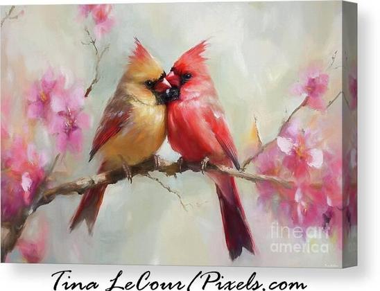 This is a canvas of a pair of pretty northern cardinal birds snuggling close together on branch of pink blossom flowers.