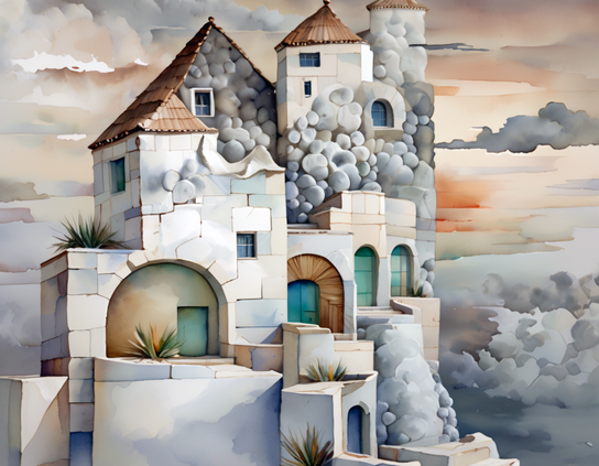 A whimsical stone building in the process of being built or reshaped by fluffy gray and white clouds of nanobots, seamlessly merging into stone walls and towers, arches, and terracotta rooftops, under a softly tinted sky.