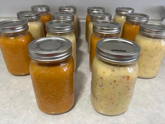 Group of 14 mason jars on a kitchen counter with two types of soup in them, orange and beige in colour.