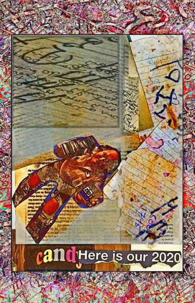 A man holding a stack of floppy discs in one arm, and a ZIP drive in his right hand, is in front of a background of asemic writing and deconstructed text. The text below: Candy -Here is our 2020. Scanned collage has been digitally modified to enhance colours and textures. Theme - Stuck. Concept: Stuck in Time.