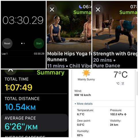 Grid of iOS screenshots:
1) Timer app showing 03:30.29.

2) Apple Fitness Mobile Hips yoga for runners, 11 mins.

3) Apple Fitness Strength with Gregg, 20 mins.

4) Apple Fitness Running Details:
Total Time: 1:07:49.
Total Distance: 10.54 KM.
Average Pace: 6’26”/KM.

5) Environment Canada site showing 7°C, 62% humidity, and 16 km/hr wind.