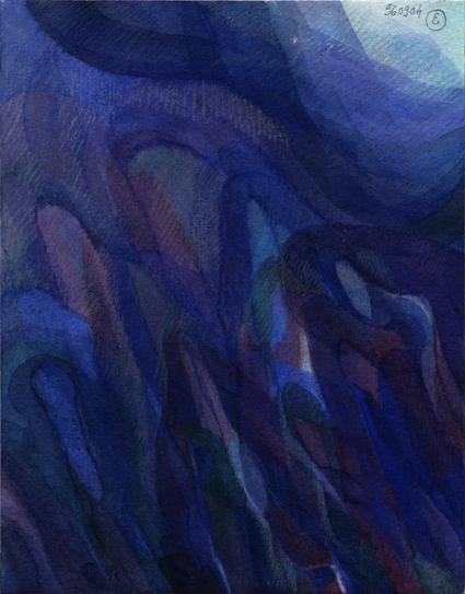 Abstract painting in portrait format; Field of blue, violet and pink tongues under blue waves. Gradient of lighter blue in the top right corner.