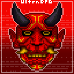 Pixel art of a red oni mask.