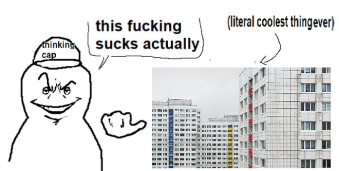 Guy wearing thinking cap pointing at homes made for homeless people: this fucking sucks actually.

Words pointing at the homes: (literal coolest thingever)