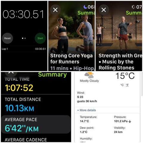 Grid of iOS screenshots:
1) Timer app showing 03:30.51.

2) Apple Fitness Strong Core Yoga with Runners, 11 mins.

3) Apple Fitness Strength with Gregg, 20 mins.

4) Apple Fitness Running Details:
Total Time: 1:07:52.
Total Distance: 10.13 KM.
Average Pace: 6’42”/KM.

5) Environment Canada site showing 15°C, 40% humidity, and 23 KM/H wind, gusting to 36 KM/H.