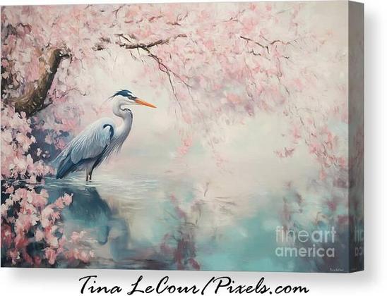 This is a digital art painting of a canvas of a great blue heron bird standing on the edge of a river with cherry blossom flowers all along the river.