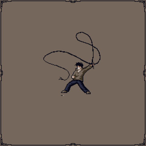 A person using a rather long whip, whipping for the sake of whipping. The person's left hand holds the whip held up, the whip coils around their body over their head.