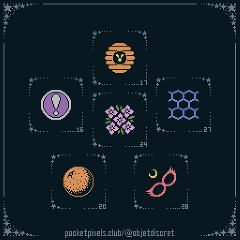 a pixel art illustration of an exclamation mark in a circle, a beehive, a molecular model of graphite, an orange, a cluster of flowers, and Sailor V's mask and crescent moon symbol.