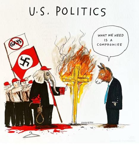 Republican Fascists on the left and worthless Democrat on the right.

Democrat: What we need is a compromise.