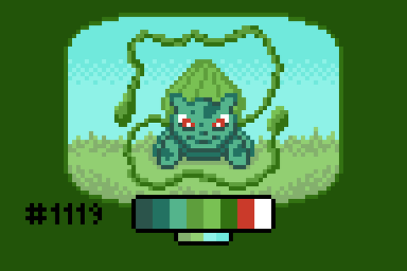 Pixel art of the pokemon Bulbasaur, extending two vine tendrils in a way that frames its body.