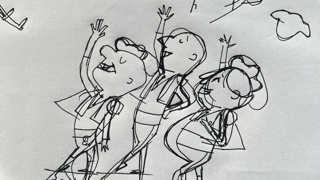 The first rough drawing of a group of characters from Eager Beaver, by Woodrow Phoenix