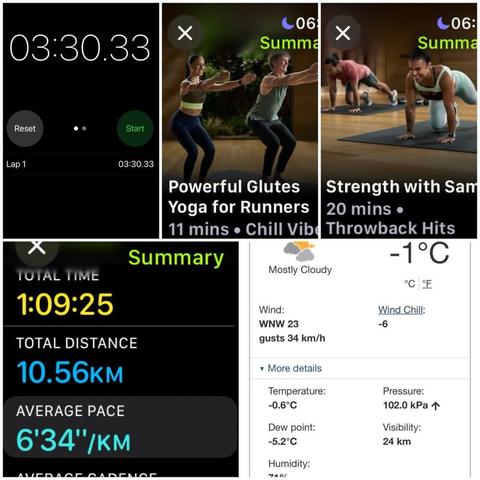 Grid of iOS screenshots:
1) Timer app showing 03:30.33.

2) Apple Fitness Powerful Glutes Yoga for Runners, 11 mins.

3) Apple Fitness Strength with Sam, 20 mins.

4) Apple Fitness Running Details:
Total Time: 1:09:25.
Total Distance: 10.56 KM.
Average Pace: 6’34”/KM.

5) Environment Canada site showing -1°C, -6°C windchill, 71% humidity, and 23 KM/H wind, gusting to 34 KM/H.
