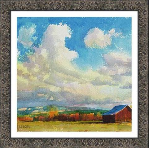 Framed print of an original watercolor painting depicting a barn in a remote country setting.
