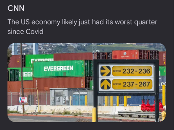 A news alert from CNN with the headline "the US economy likely just had its worst quarter since covid." There is a picture of large freight carriers.
