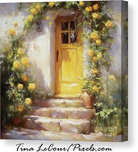 This is a canvas of a pretty yellow cottage door with climbing yellow roses and stone steps that lead up to the door with a pot of roses on the steps.