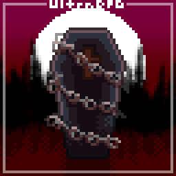 Pixel art of a chained up coffin in a forest with a giant moon in the background.