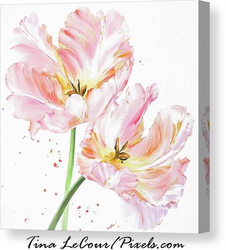 This is a canvas of two big pink parrot tulips against a soft white background, done in a watercolor style.